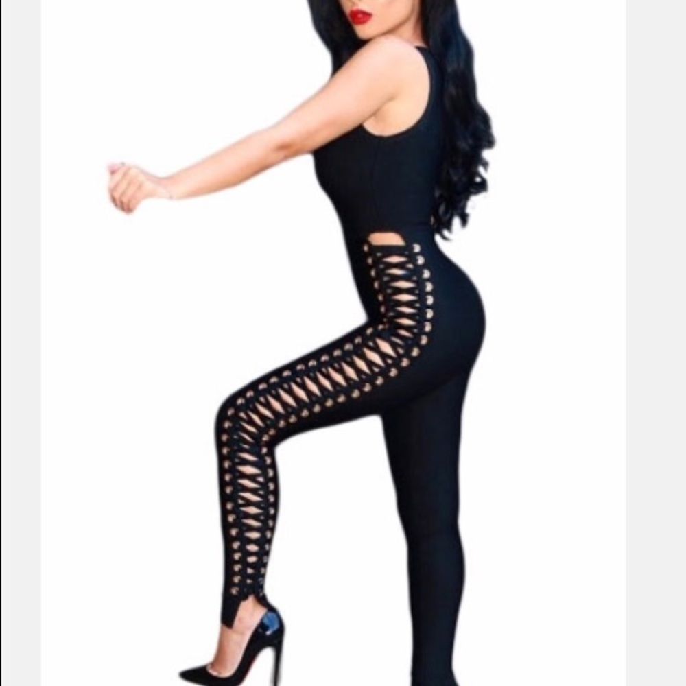 BLACK BANDAGE LACE UP SIDE JUMPSUIT
